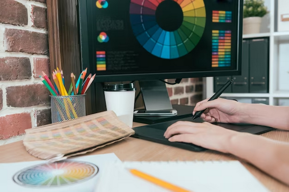 User Utilizing Drawing Pad with Color Wheel Displayed on Monitor