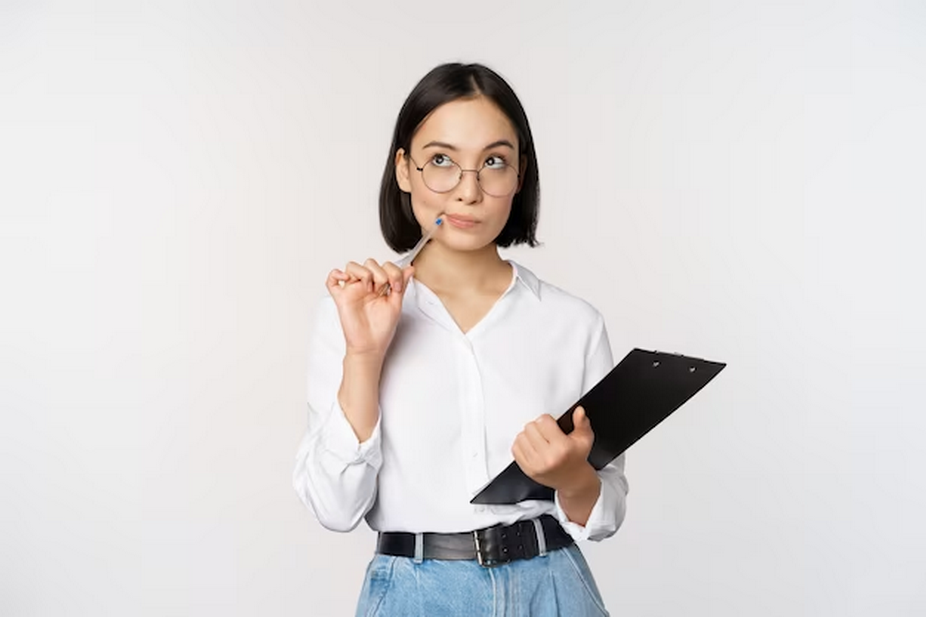 Woman with Folder and Pen, Reflecting in Thought