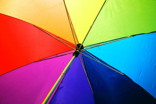 Colorful umbrella with black handle, featuring rainbow hues opposite of purple on Color Wheel
