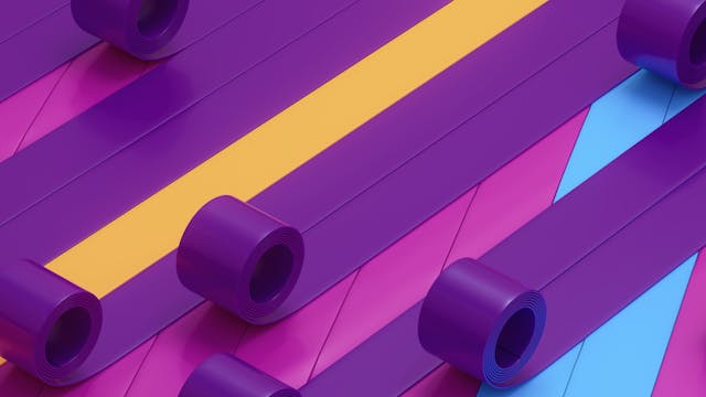 Colorful rolls on purple and blue striped background, motion graphics